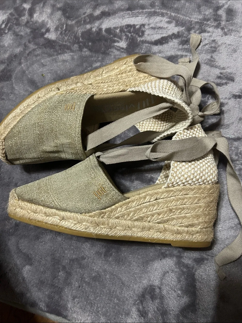 Viscata Espadrille canvas & tweed Wedge Sandals in Tan with Ankle Tie sz 35